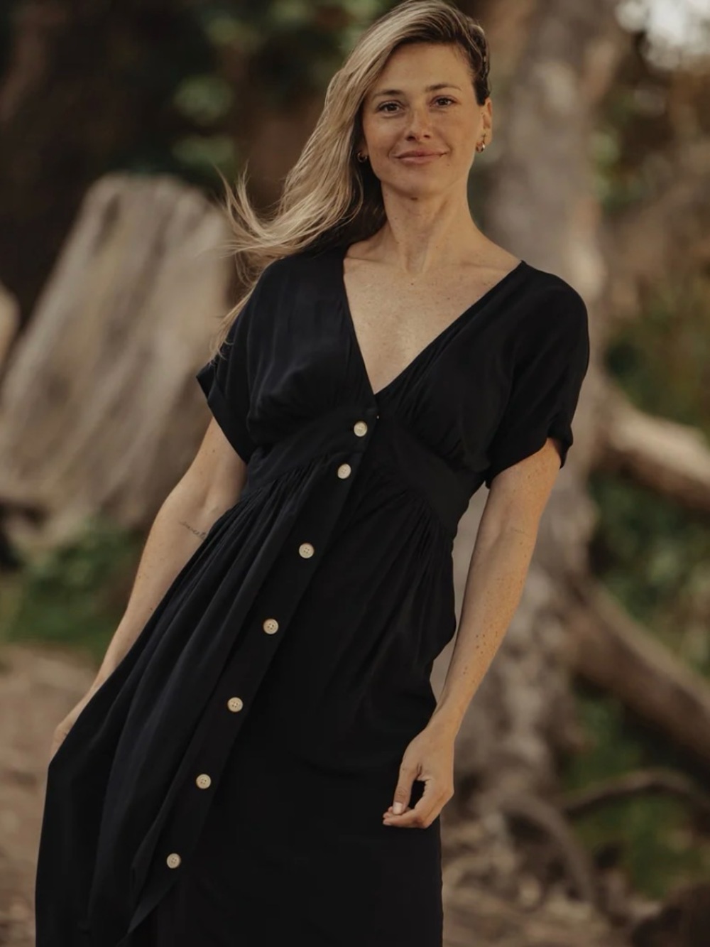 The Normal Brand Deep V Button Thru Dress in Black Size M
